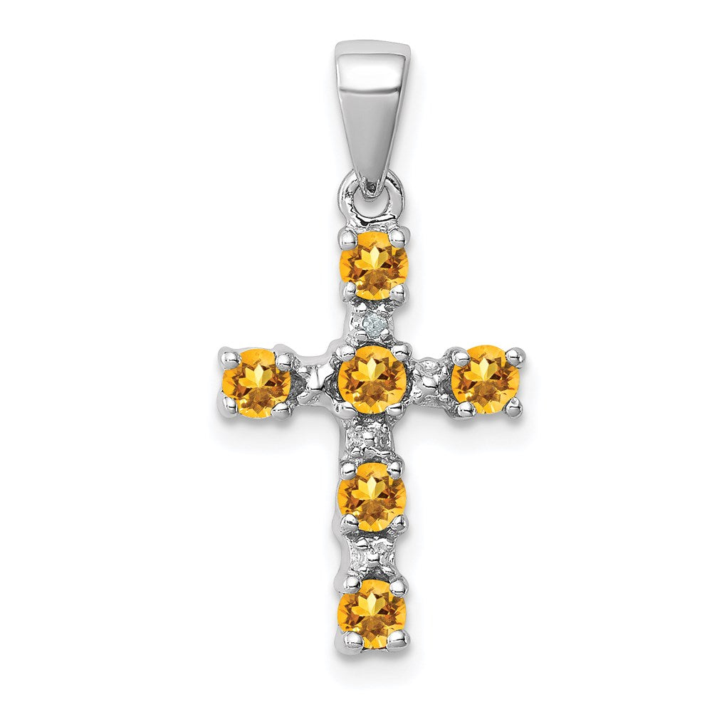 Sterling Silver Rhodium Citrine & Diamond Accent Cross Pendant, 0.424 ct, 23 x 12 mm