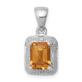Sterling Silver Rhodium Emerald-cut Citrine & Diamond Pendant, 1.61 ct, 19 x 10 mm