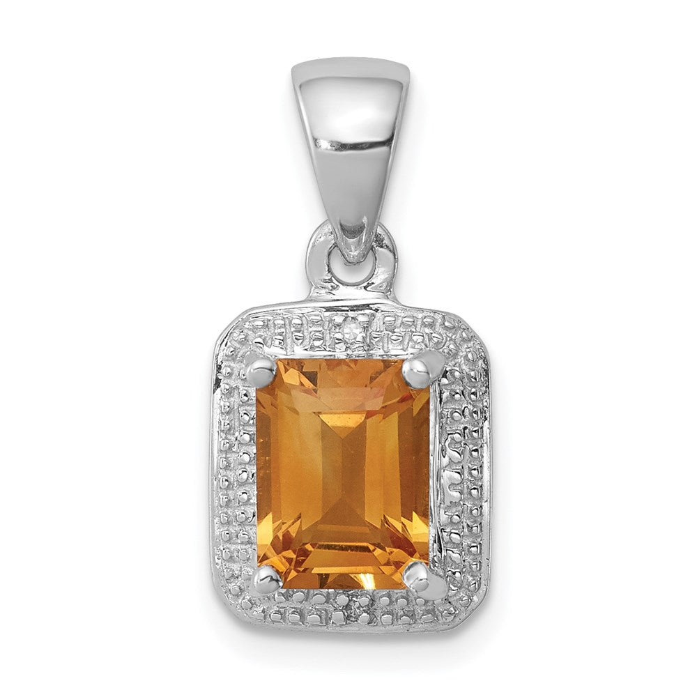 Sterling Silver Rhodium Emerald-cut Citrine & Diamond Pendant, 1.61 ct, 19 x 10 mm