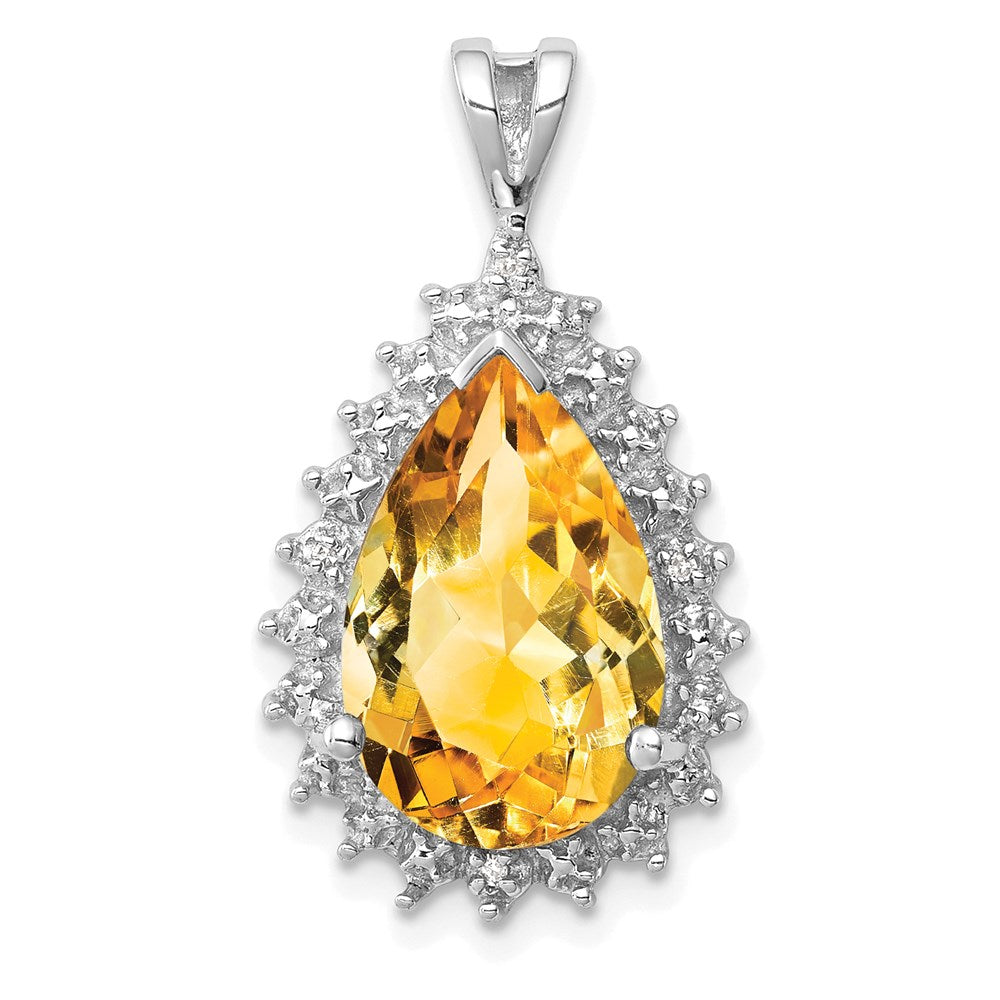 Sterling Silver Rhodium Citrine & Diamond Pear Pendant, 3.31 ct, 25 x 14 mm