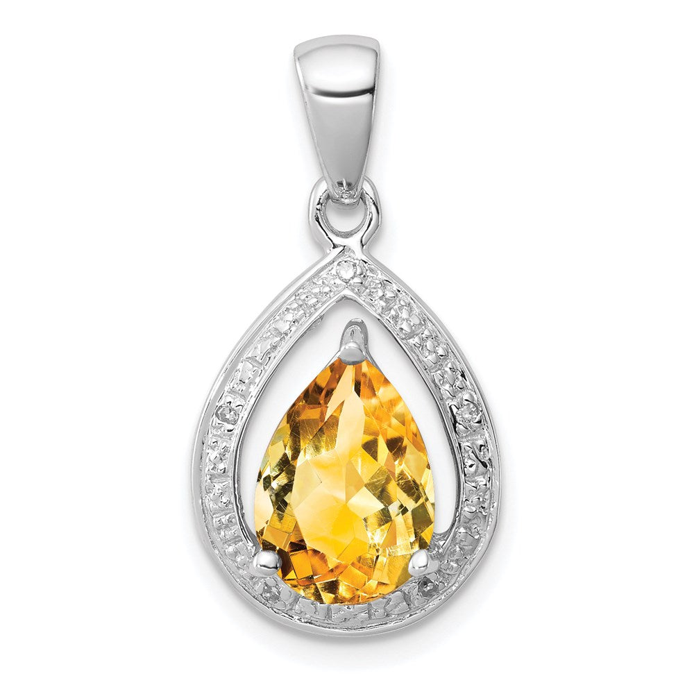 Sterling Silver Rhodium Citrine & Diamond Pendant, 1.72 ct, 25 x 12 mm