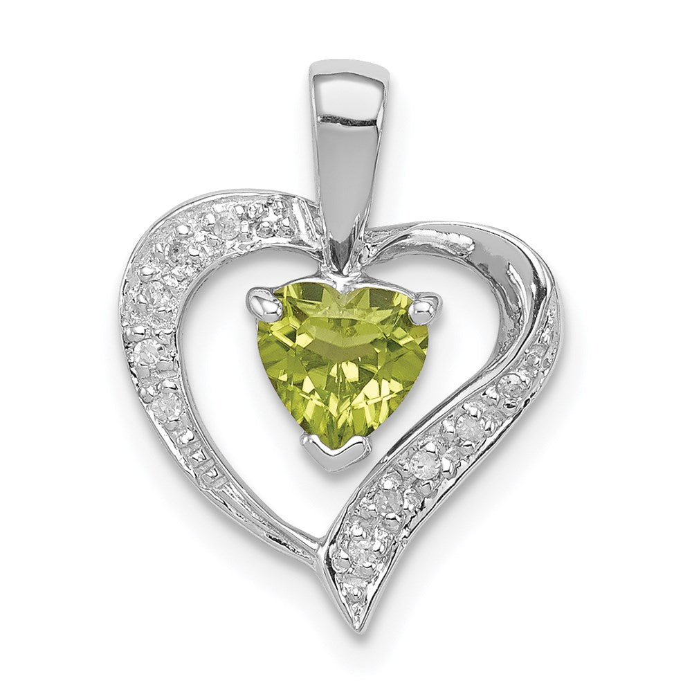 Sterling Silver Rhodium Plated Peridot and Diamond Heart Pendant, 0.53 ct, 17 x 13 mm