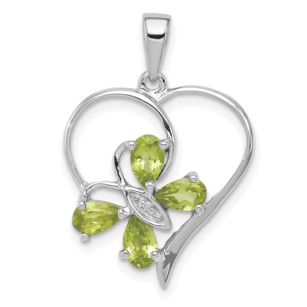 Sterling Silver RH Plated Peridot and Diamond Butterfly Heart Pendant, 1.003 ct, 25 x 18 mm