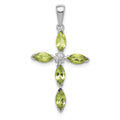 Sterling Silver Rhodium Plated Peridot and Diamond Cross Pendant, 1.253 ct, 30 x 17 mm