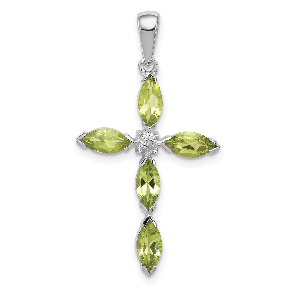 Sterling Silver Rhodium Plated Peridot and Diamond Cross Pendant, 1.253 ct, 30 x 17 mm