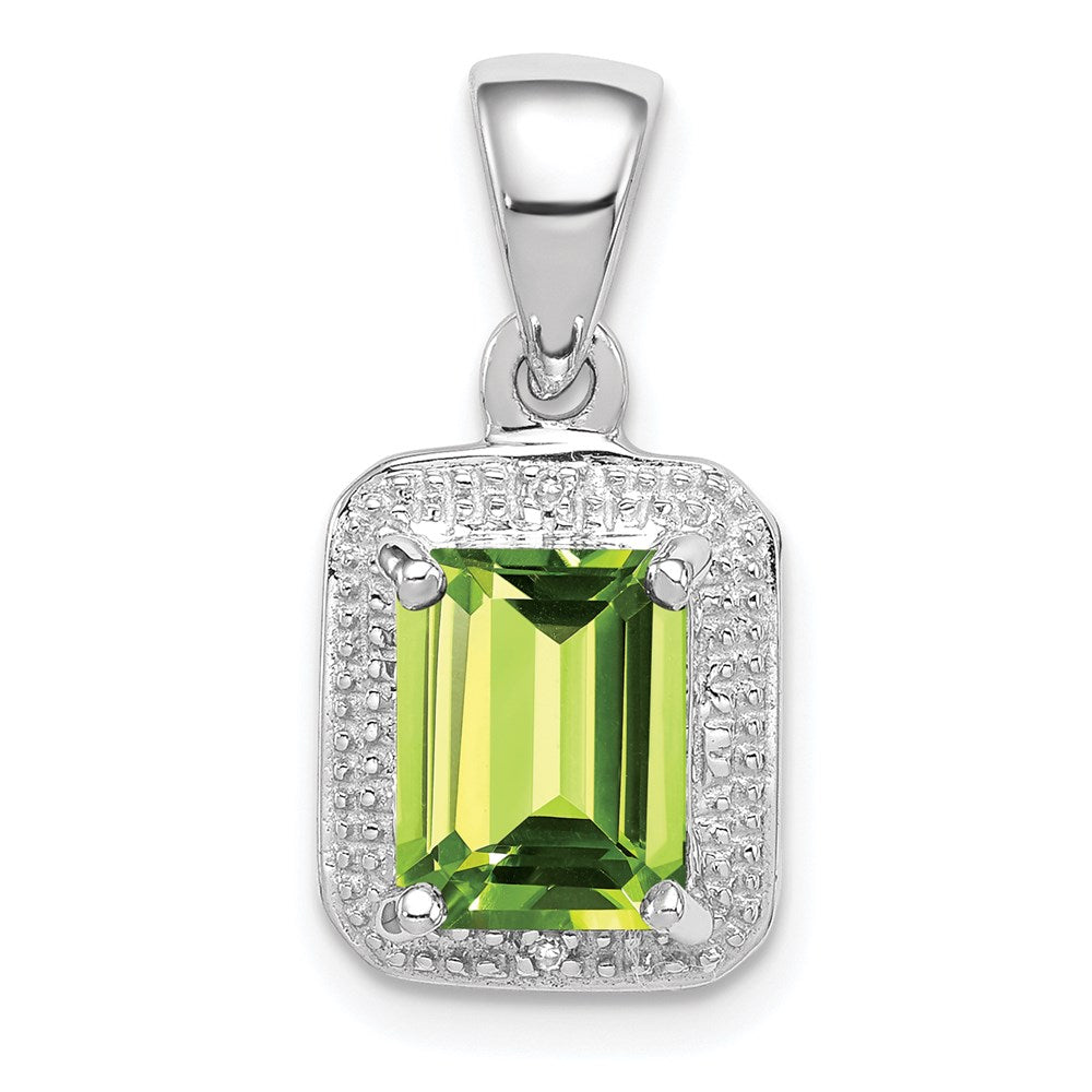 Sterling Silver Rhodium Plated Emerald-cut Peridot and Diamond Pendant, 1.71 ct, 19 x 9 mm