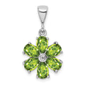 Sterling Silver Rhodium Plated Peridot and Diamond Flower Pendant, 2.703 ct, 24 x 14 mm
