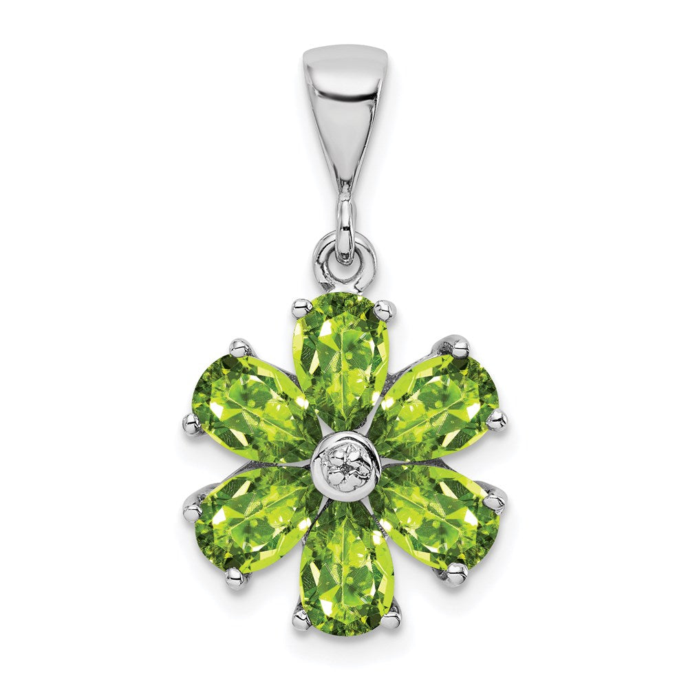 Sterling Silver Rhodium Plated Peridot and Diamond Flower Pendant, 2.703 ct, 24 x 14 mm