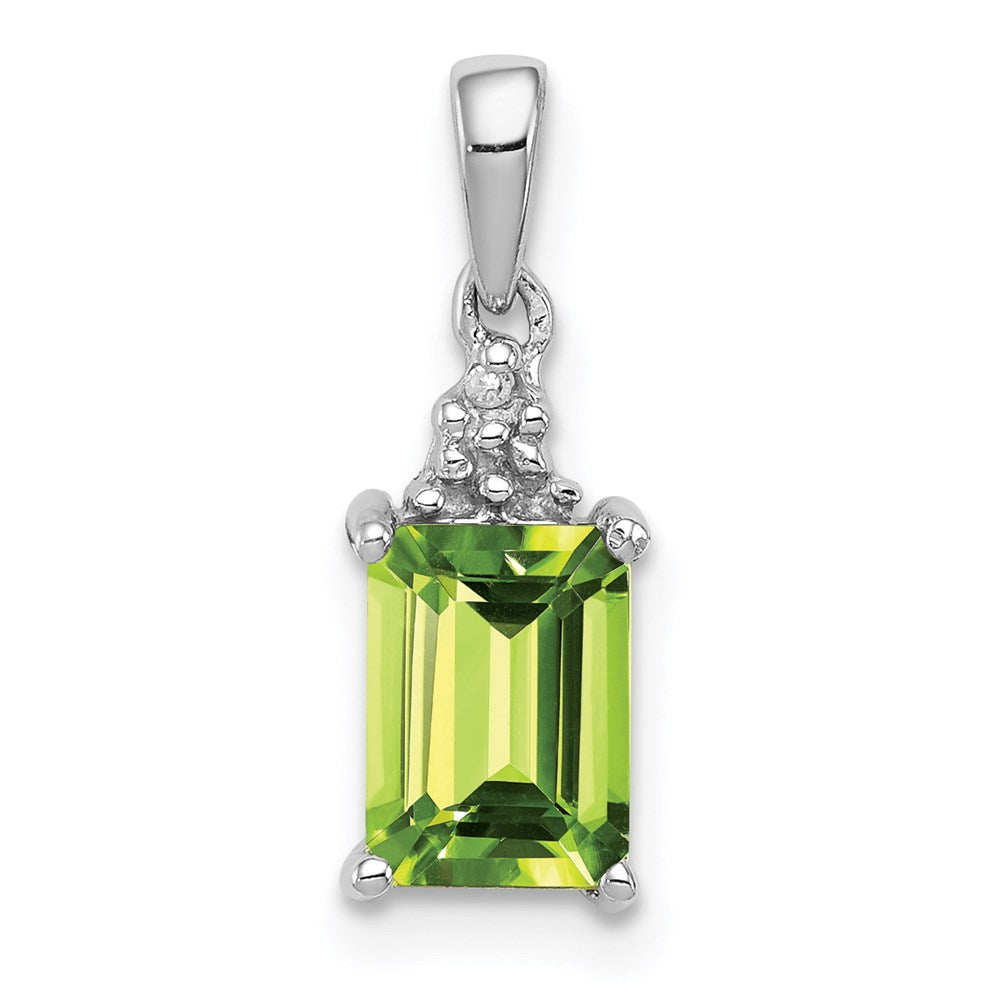 Sterling Silver Rhodium Plated Peridot and Diamond Pendant, 1.003 ct, 16 x 5 mm
