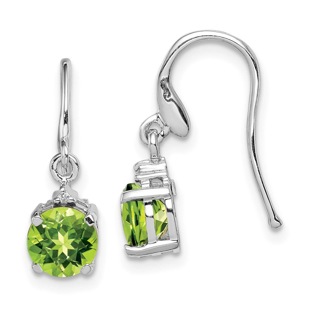 Sterling Silver Rhodium Plated Round Peridot and Diamond Wire Earrings, 1.71 ct, 19 x 6 mm