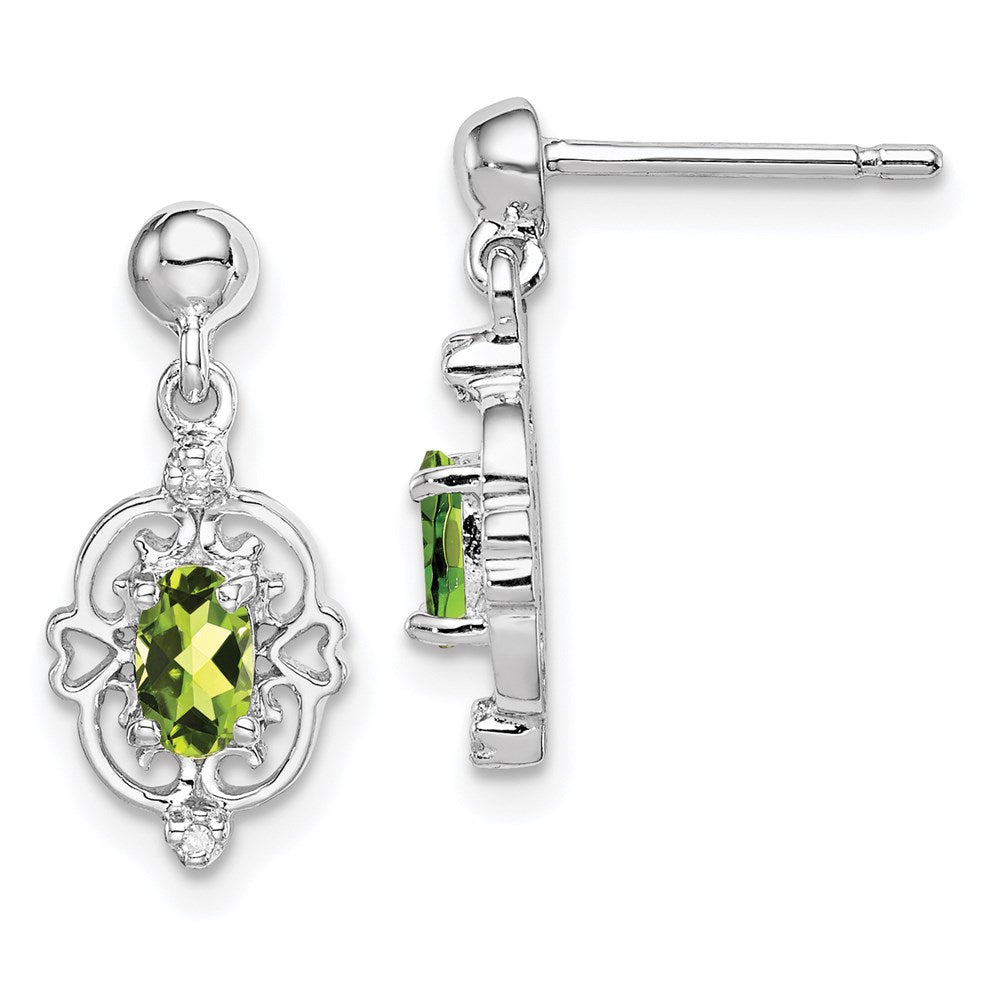 Sterling Silver Rhodium Plated Peridot and Diamond Post Earrings, 0.43 ct, 16 x 7 mm