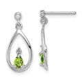 Sterling Silver Rhodium Plated Pear Peridot and Diamond Post Earrings, 0.33 ct, 19 x 8 mm
