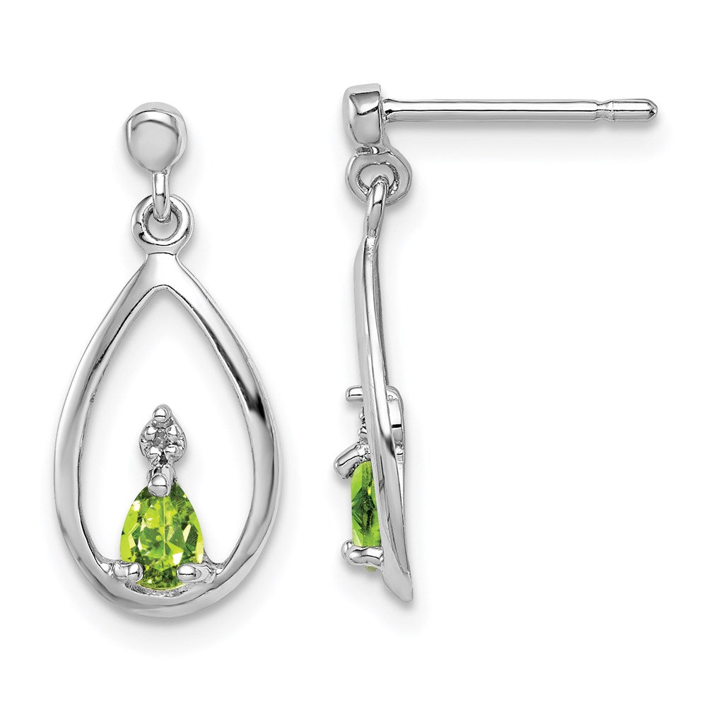 Sterling Silver Rhodium Plated Pear Peridot and Diamond Post Earrings, 0.33 ct, 19 x 8 mm