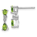 Sterling Silver Rhodium Plated Pear Peridot and Diamond Post Earrings, 0.91 ct, 13 x 4 mm