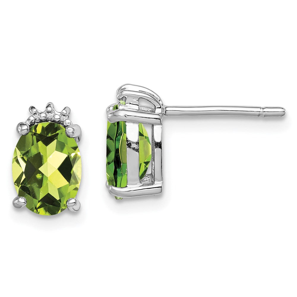 Sterling Silver Rhodium Plated Oval Peridot and Diamond Post Earrings, 2.718 ct, 10 x 6 mm
