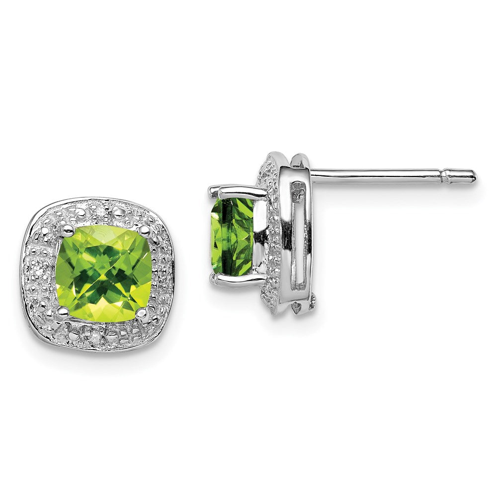 Sterling Silver Rhodium Plated Peridot and Diamond Post Earrings, 2.032 ct, 9 x 9 mm