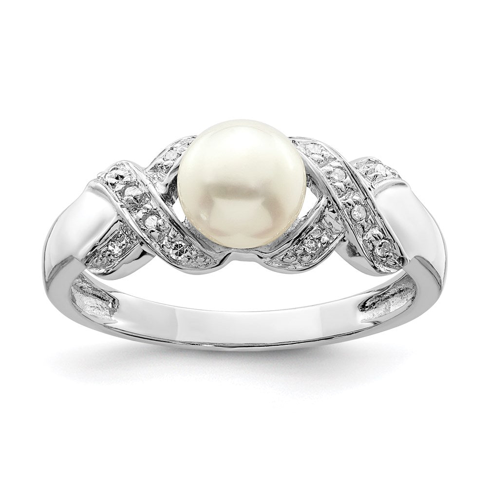Sterling Silver Rhodium 6mm FW Cultured Button Pearl Ring, 0.04 ct, 2 mm