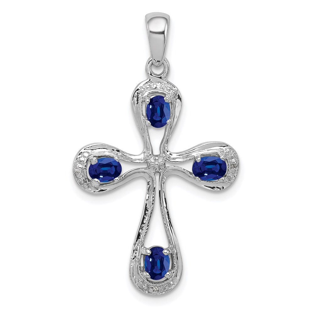 Sterling Silver Rhodium Dark Sapphire & Diamond Cross Pendant, 0.91 ct, 35 x 20 mm
