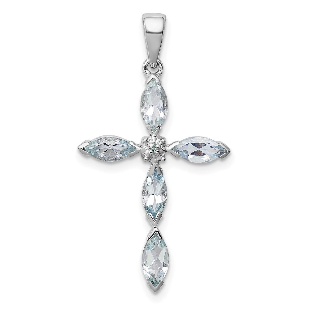 Sterling Silver Rhodium Aqua & Diamond Cross Pendant, 1.003 ct, 33 x 17 mm