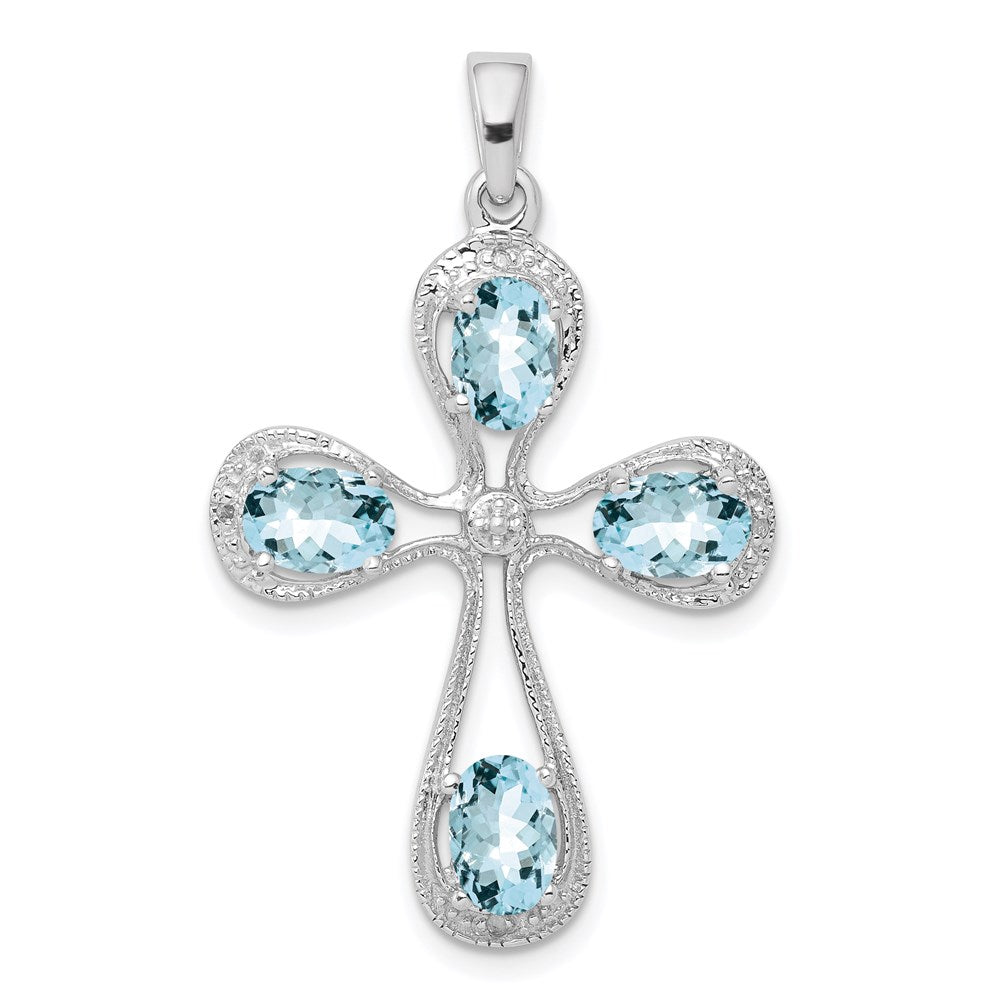 Sterling Silver Rhodium-plated Aquamarine & Diamond Cross Pendant, 1.16 ct, 36 x 22 mm
