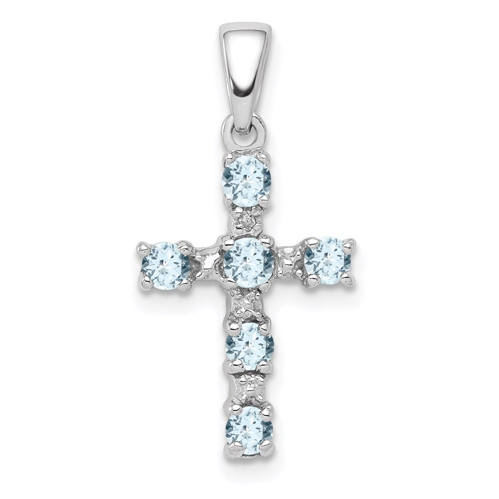 Sterling Silver Rhodium-plated Aquamarine & Diamond Accent Cross Pendant, 0.364 ct, 23 x 12 mm