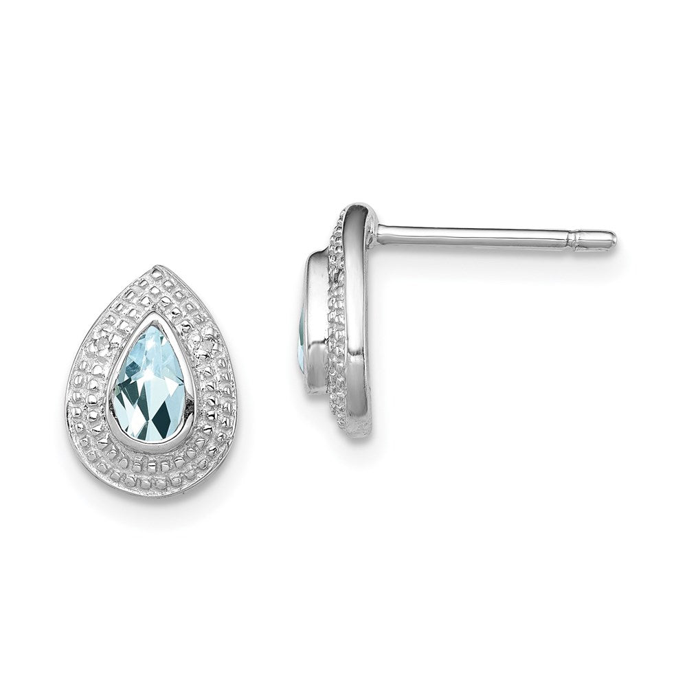 Sterling Silver Rhodium Aqua & Diamond Post Earrings, 0.412 ct, 10 x 7 mm