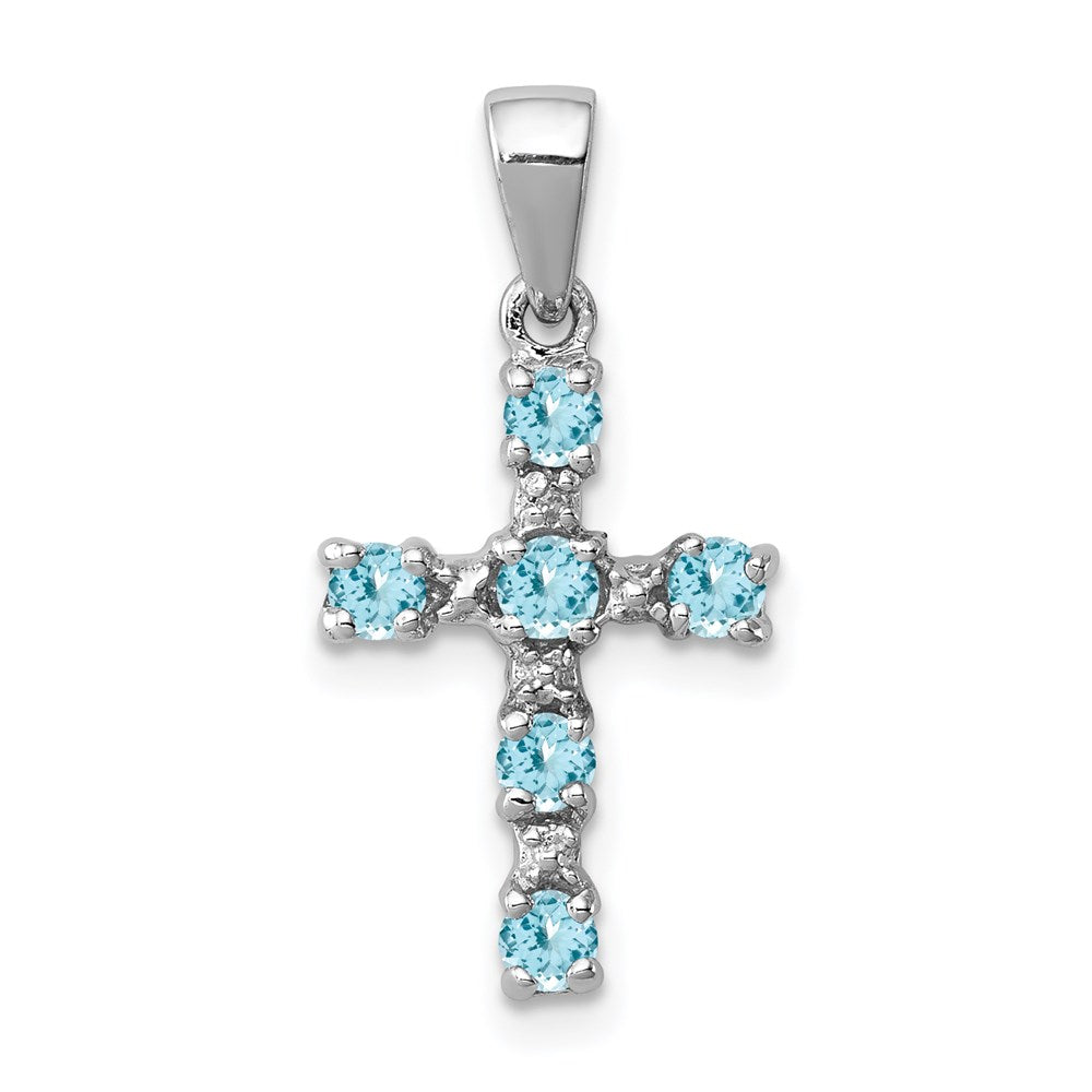 Sterling Silver Rhodium Lt Sw Blue Topaz Cross & Diamond Accent Pendant, 0.424 ct, 22 x 11 mm