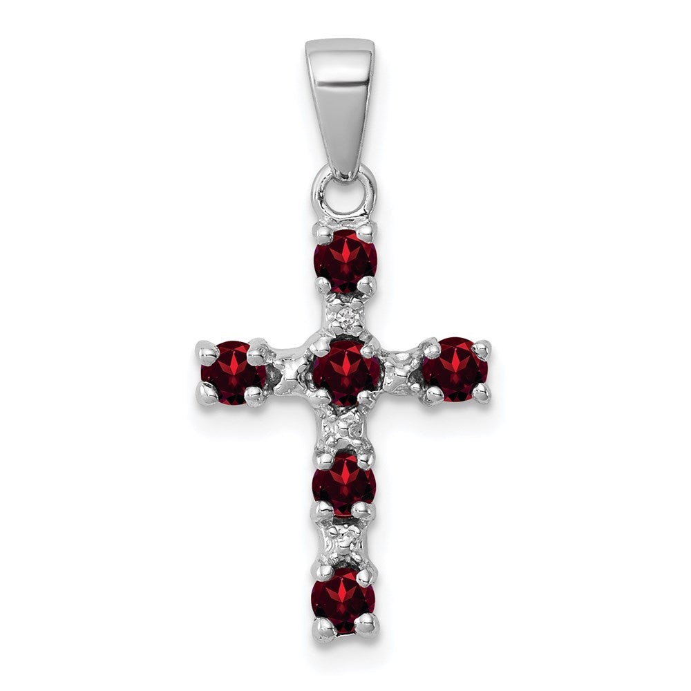 Sterling Silver Rhodium-plated Garnet & Diamond Accent Cross Pendant, 0.484 ct, 23 x 11 mm