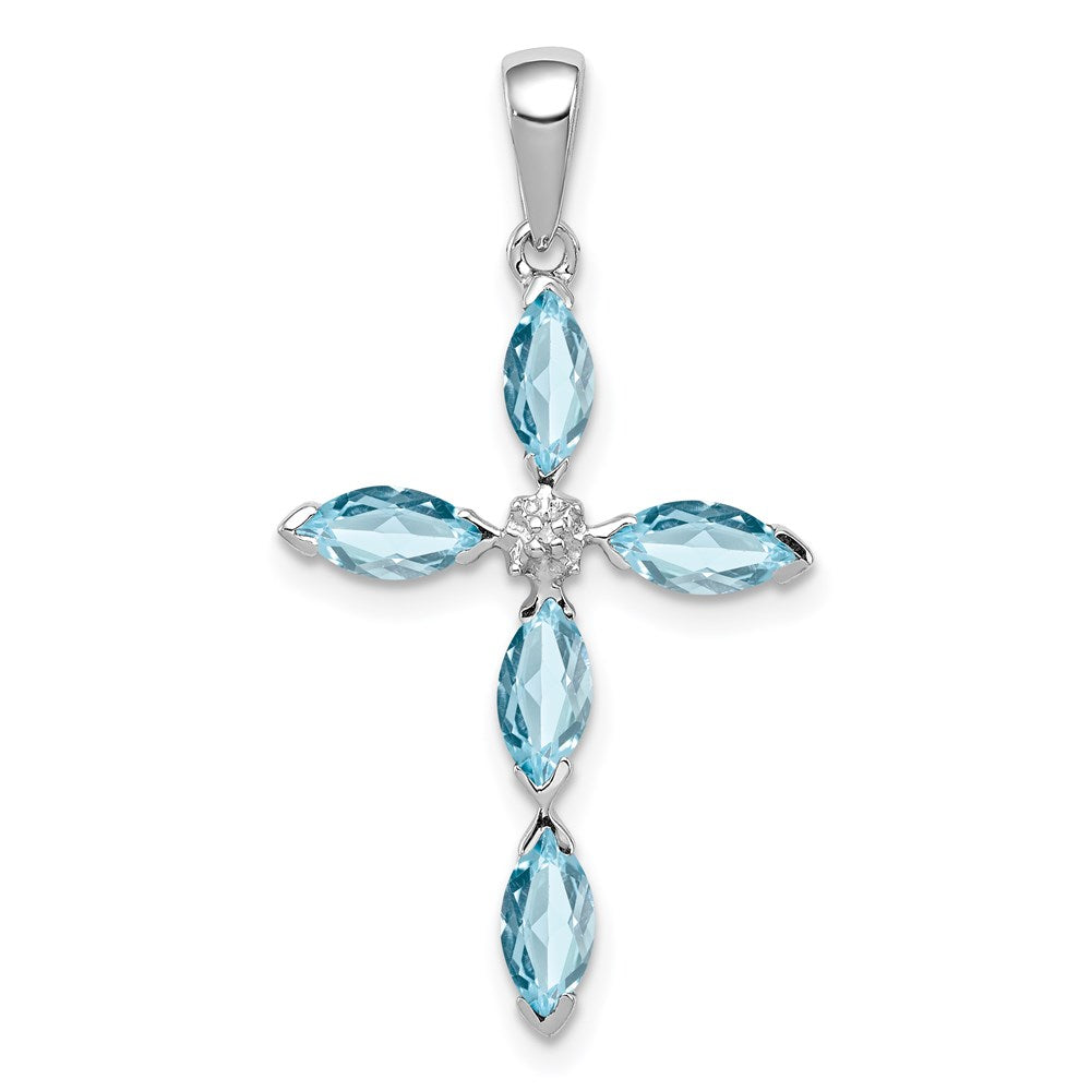 Sterling Silver Rhodium Lt Sw Blue Topaz Cross & Diamond Pendant, 1.503 ct, 31 x 16 mm