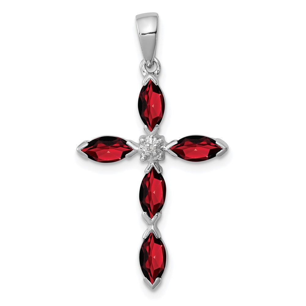 Sterling Silver Rhodium Garnet & Diamond Cross Pendant, 1.253 ct, 31 x 17 mm