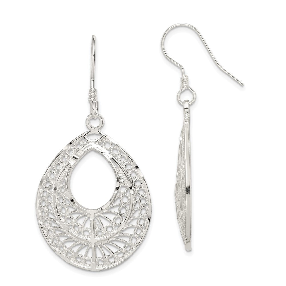 Sterling Silver Polished Textured D/C Filigree Teardrop Dangle Earrings, 44 x 25 mm