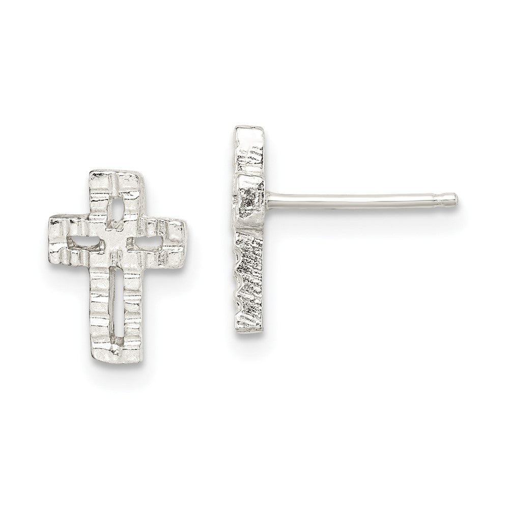 Sterling Silver Polished & Textured Latin Cross Post Earrings, 11 x 7 mm