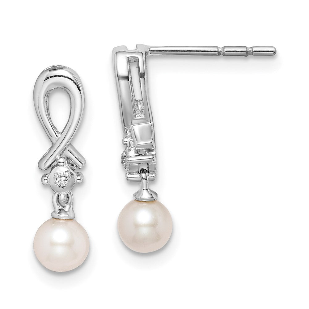 Sterling Silver Rhodium-plated FW Cultured Pearl Diamond Earrings, 0.007 ct, 17 x 5 mm