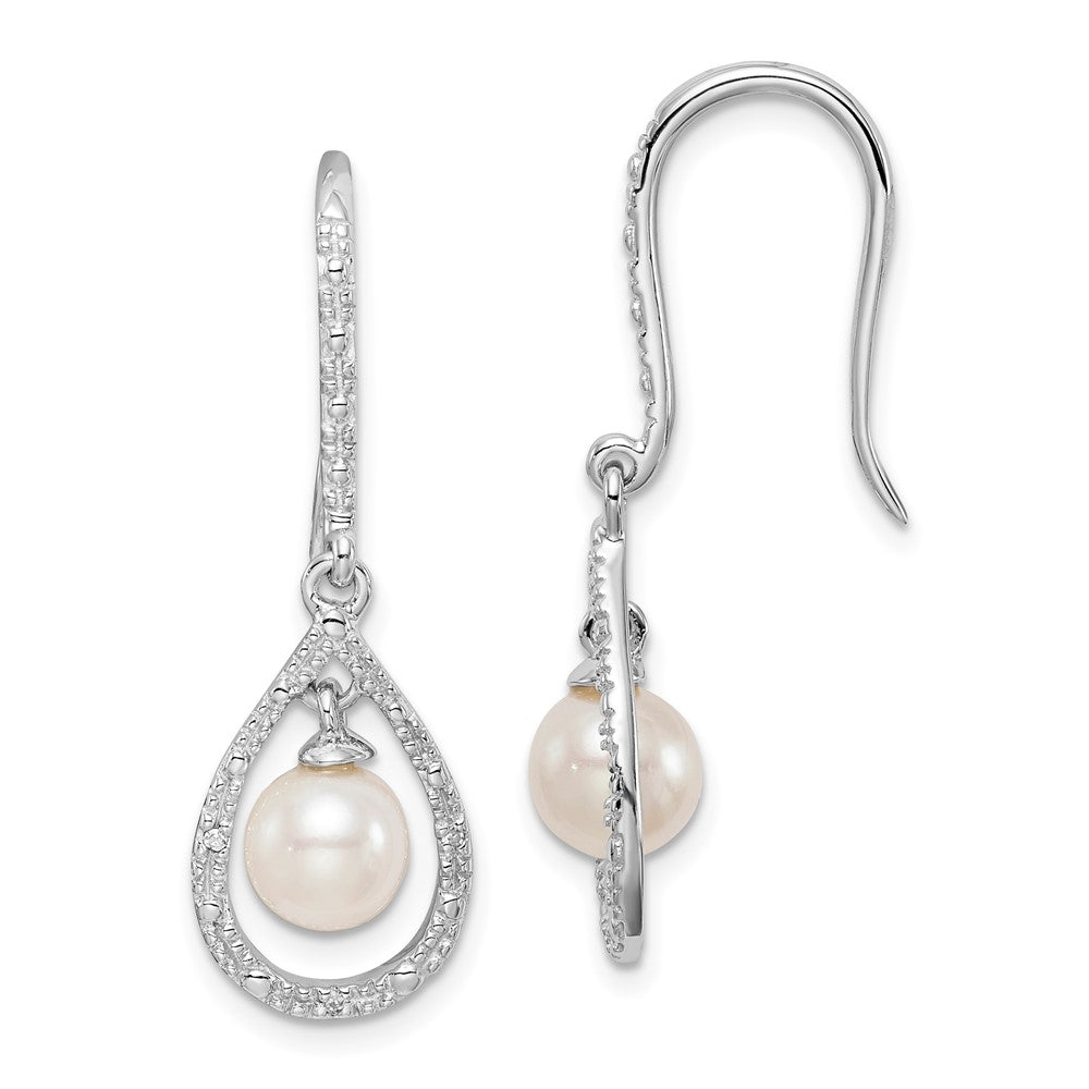 Sterling Silver Rhod Plated Dia. and FW Cultured Pearl Dangle Ear, 0.02 ct, 36 x 11 mm
