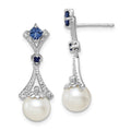 Sterling Silver Rhod Plated Dia. FW Cultured Pearl/Cr. Sapphire Ear, 0.12 ct, 26 x 9 mm