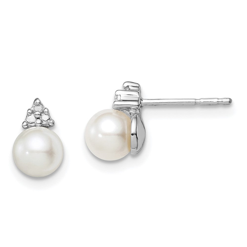 Sterling Silver Rhod Plated Diamond and FW Cultured Pearl Post Ear, 0.011 ct, 8 x 5 mm