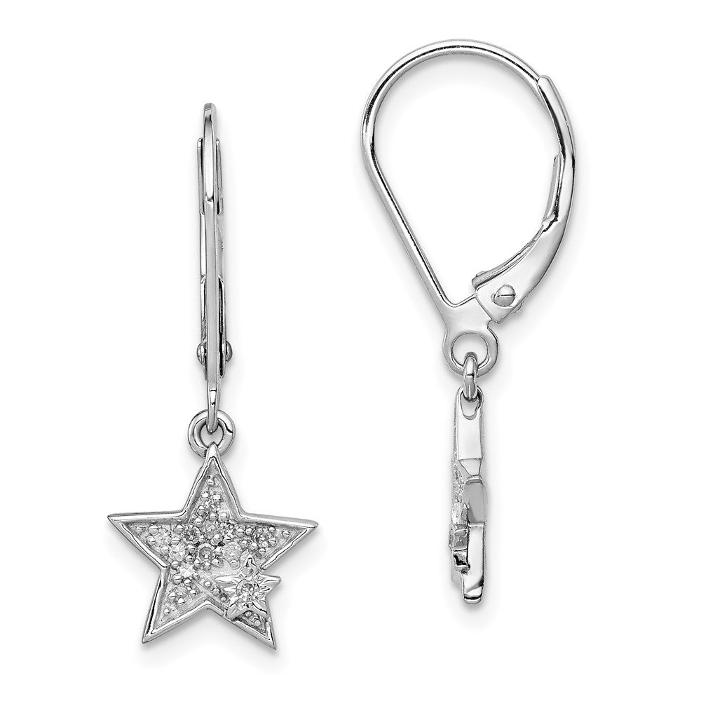 Sterling Silver Rhodium Plated Diamond Star Leverback Earrings, 0.098 ct, 23 x 10 mm