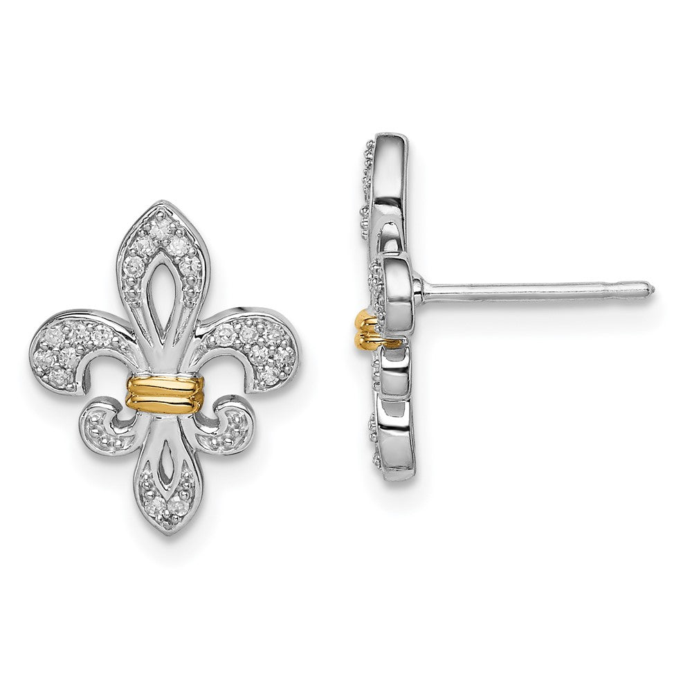 Sterling Silver Rhodium & 14k Yellow Gold Diam. Fleur de Lis Post Earrings, 0.12 ct, 15 x 11 mm