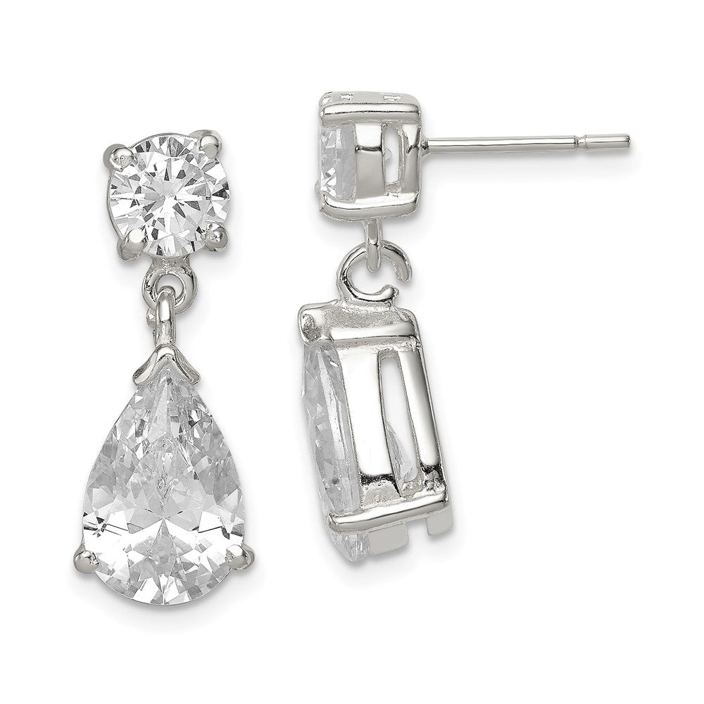 Sterling Silver Polished CZ Pear Shaped Post Dangle Earrings, 22 x 7 mm