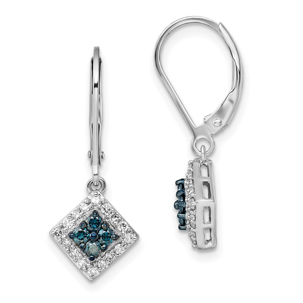 White Night Sterling Silver Rhodium-plated White and Blue Diamond Dangle Leverback Earrings, 0.498 ct, 26 x 10 mm