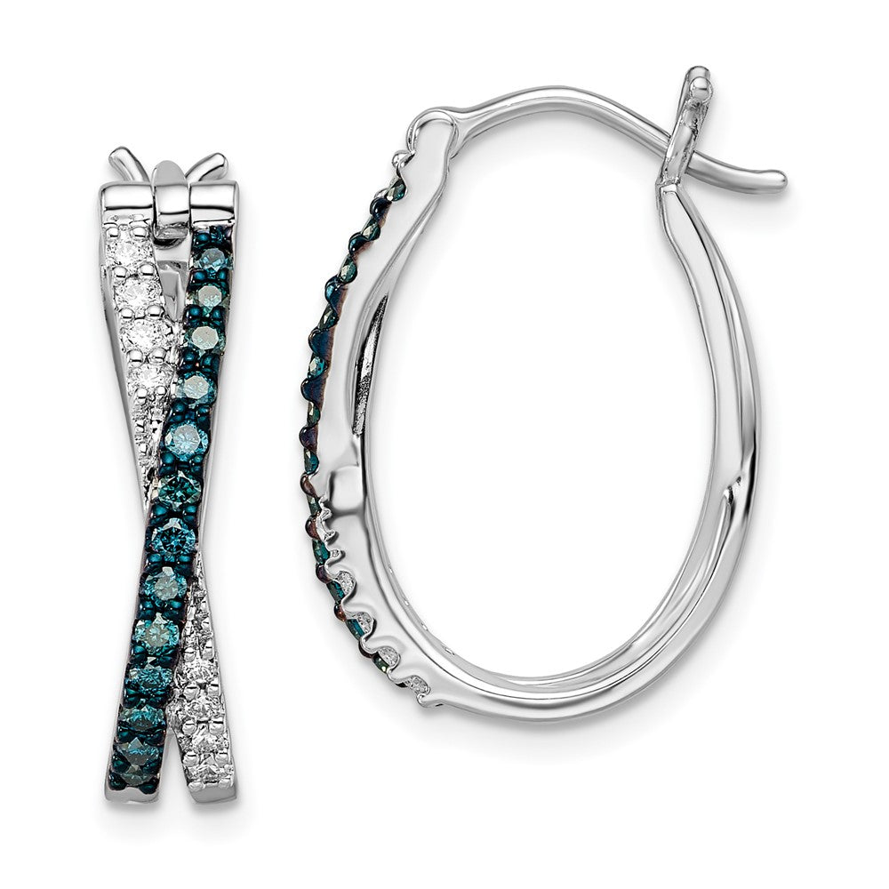 White Night Sterling Silver Rhodium-plated White and Blue Diamond Hinged Hoop Earrings, 0.782 ct, 24 x 5 mm