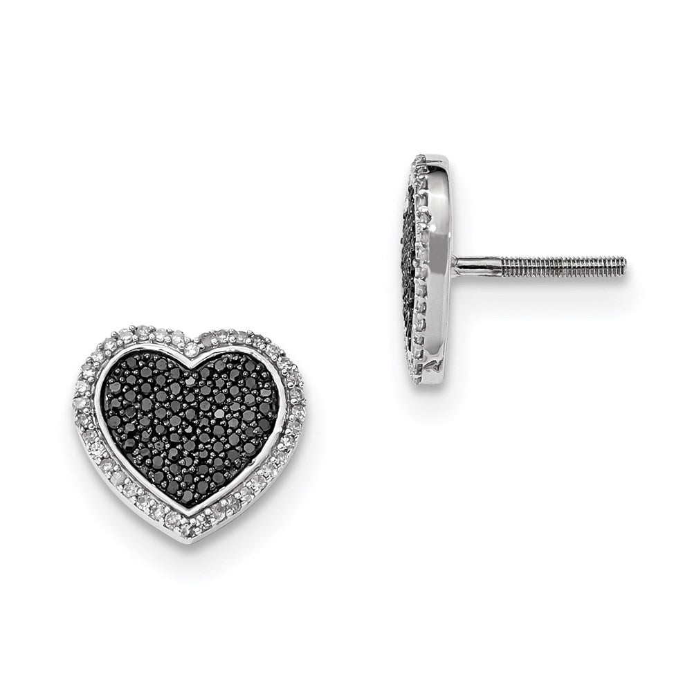 Sterling Silver Black and White Diamond Heart Post Earrings, 0.66 ct, 12 x 13 mm