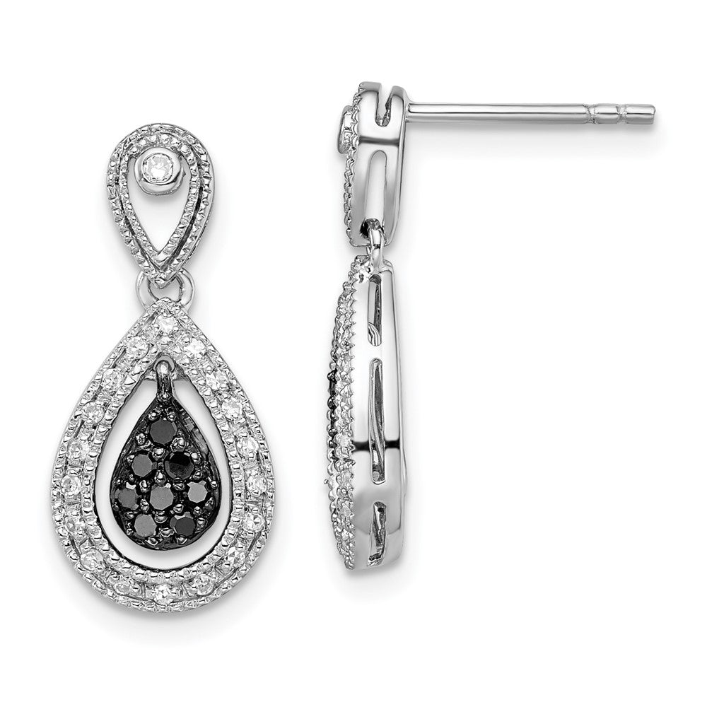 White Night Sterling Silver Rhodium-plated Black and White Diamond Double Teardrop Dangle Post Earrings, 0.33 ct, 21 x 10 mm
