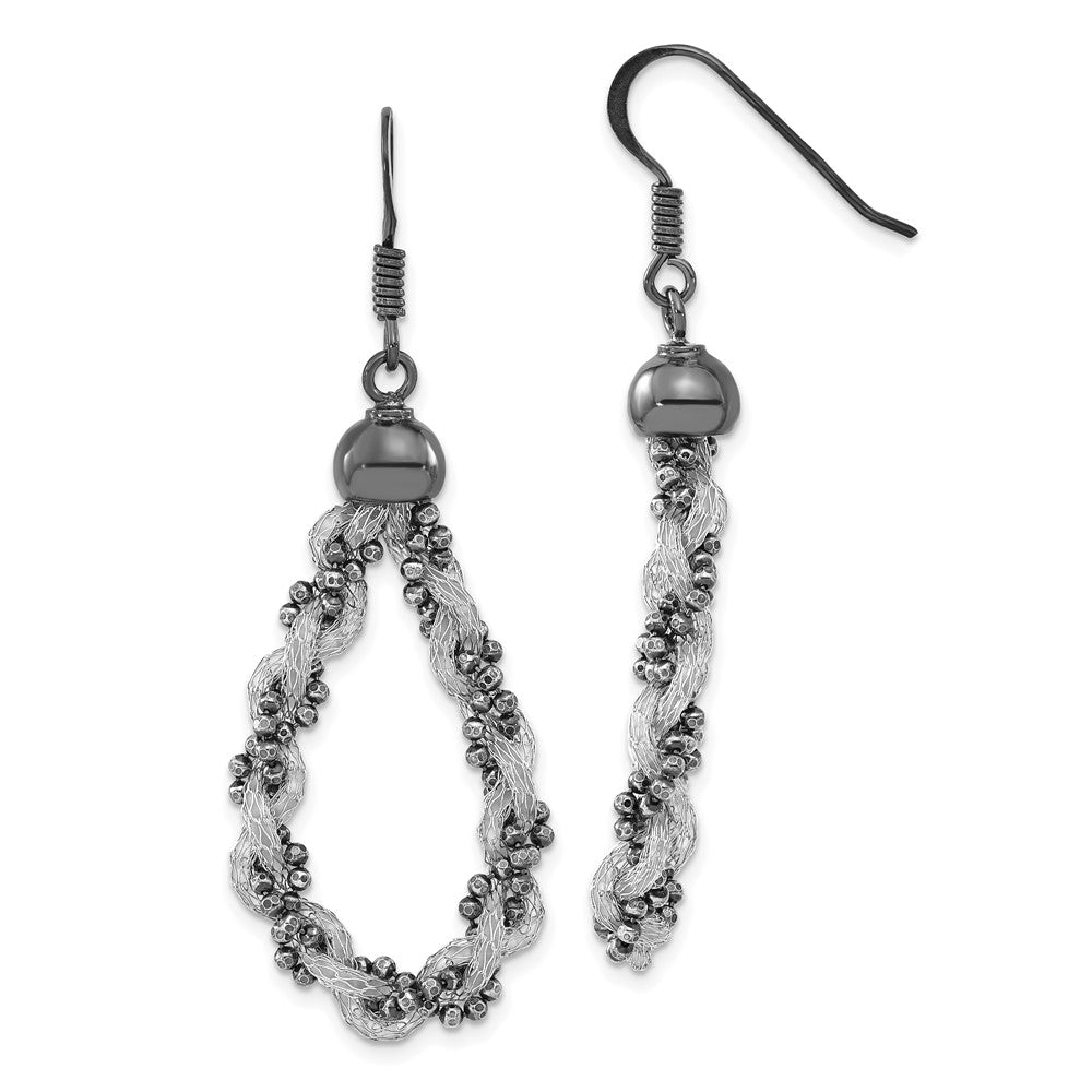 Sterling Silver w/ Black Rhodium Mesh & Beaded Teardrop Dangle Earrings, 58 x 20.7 mm