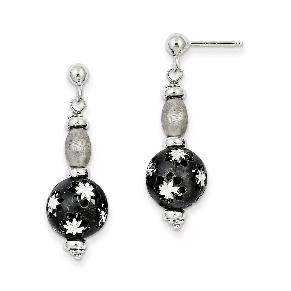Sterling Silver Black Rhodium and D/C Bead Post Dangle Earrings, 37 x 12 mm