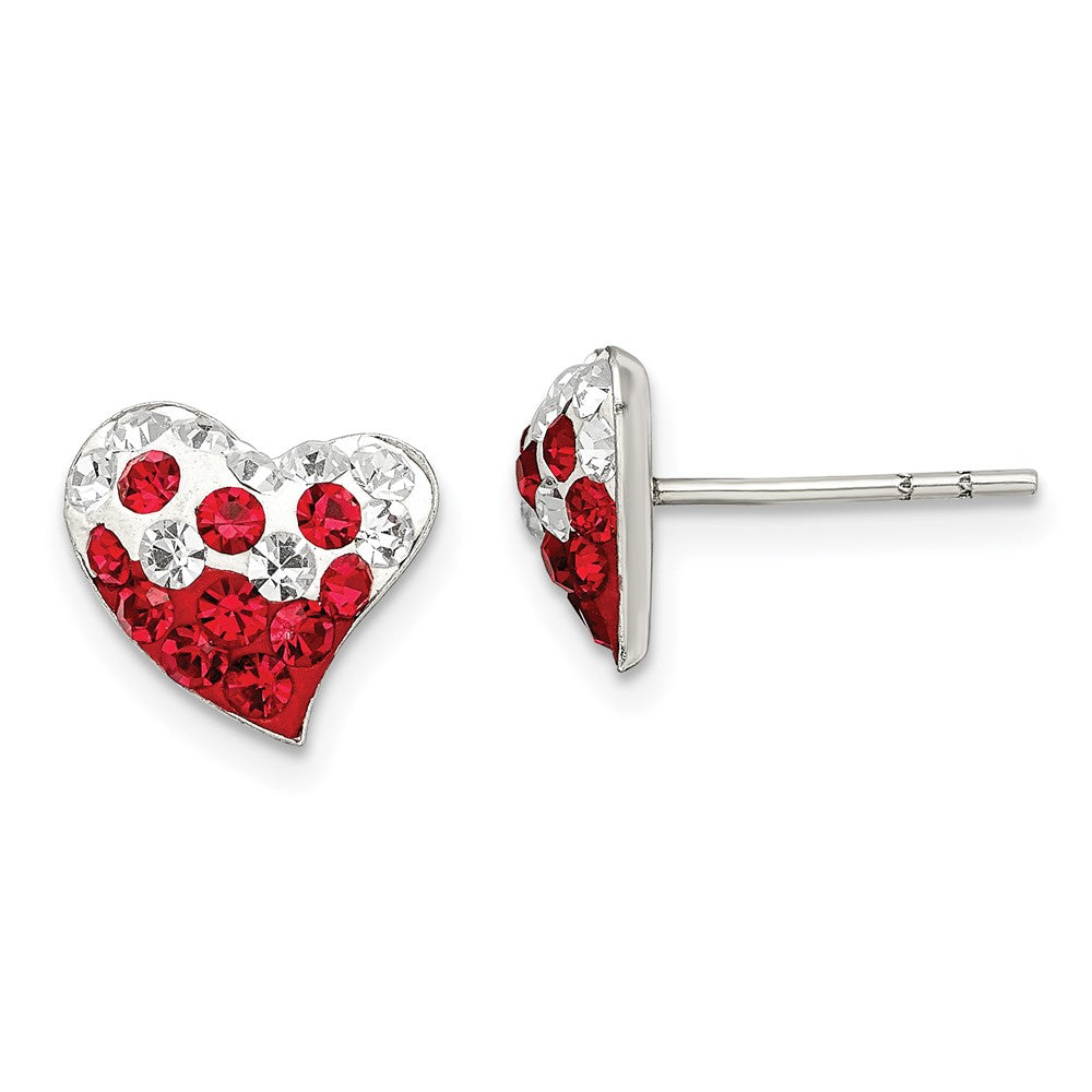 Sterling Silver Rhod-plated Red and White Preciosa Crystal Heart Earrings, 9 x 11 mm