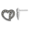 Sterling Silver Antiqued Marcasite Heart Post Earrings, 12.15 x 14.6 mm