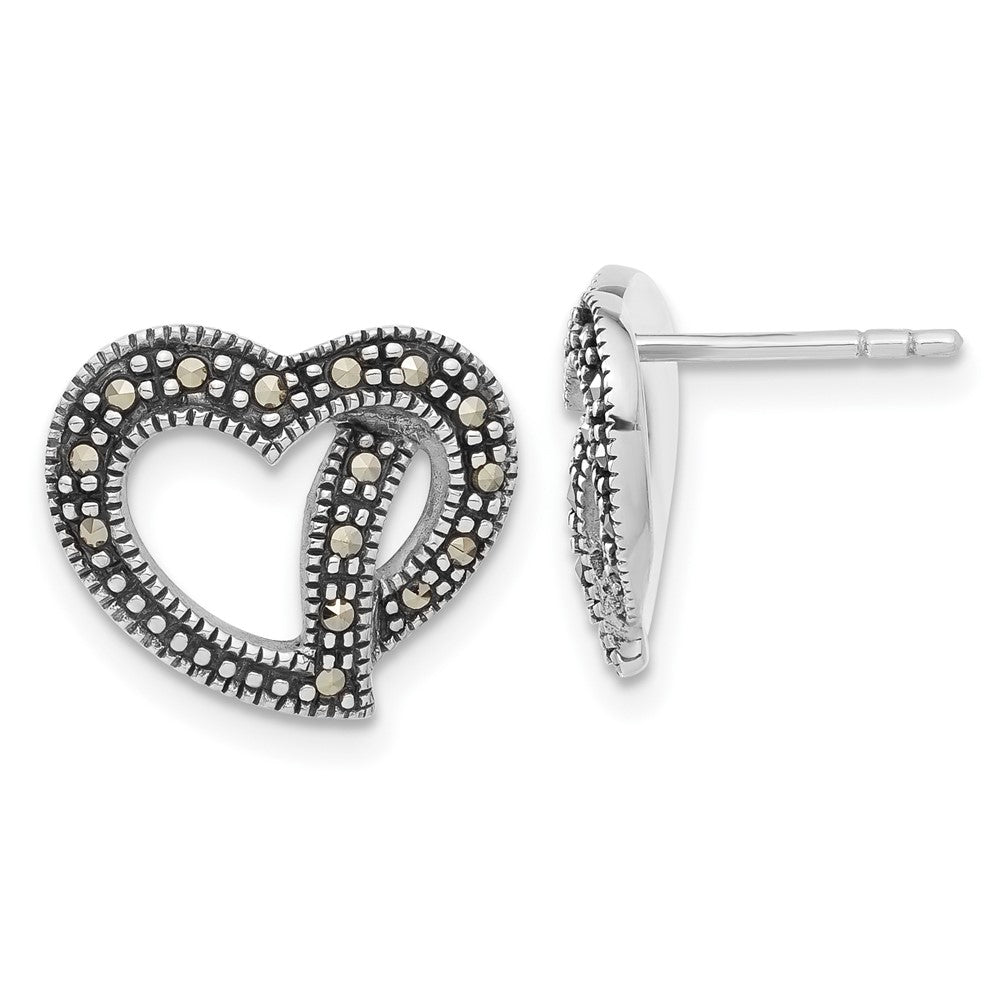 Sterling Silver Antiqued Marcasite Heart Post Earrings, 12.15 x 14.6 mm
