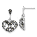 Sterling Silver Antiqued Marcasite Heart Dangle Post Earrings, 23 x 15.35 mm