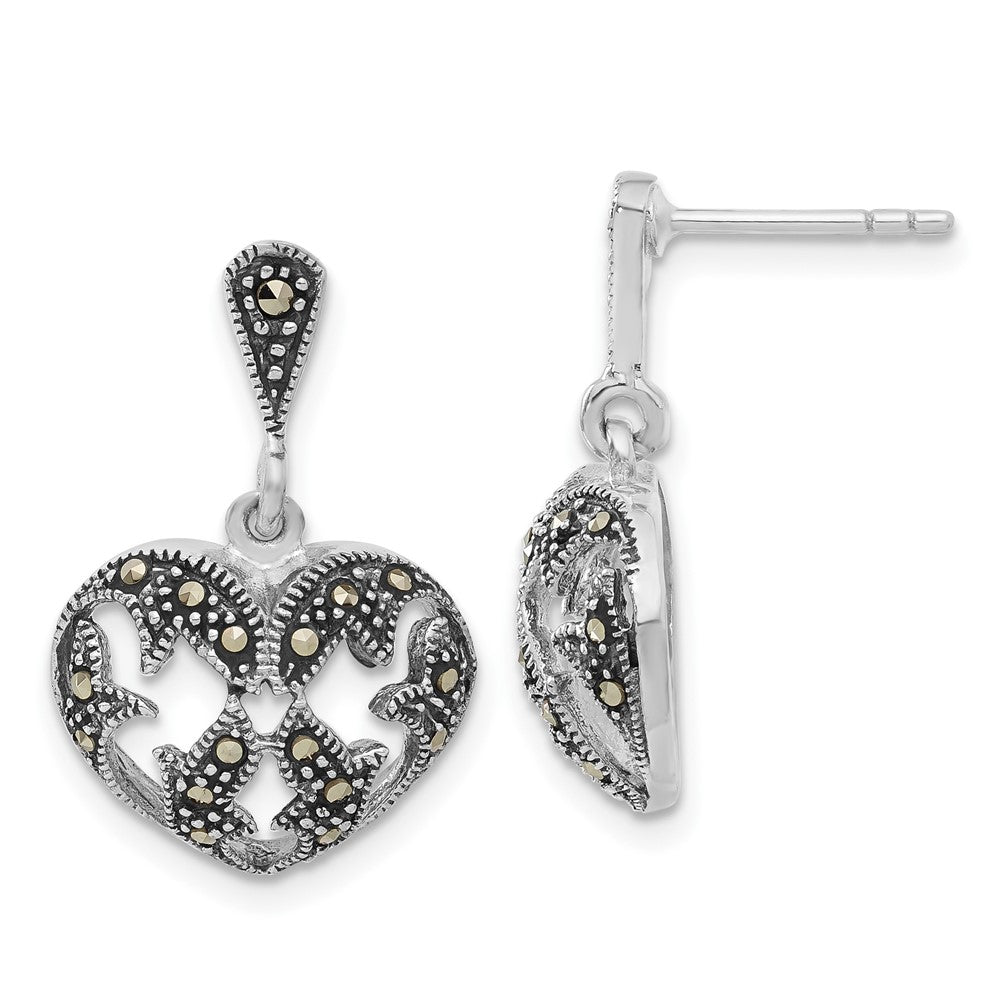 Sterling Silver Antiqued Marcasite Heart Dangle Post Earrings, 23 x 15.35 mm
